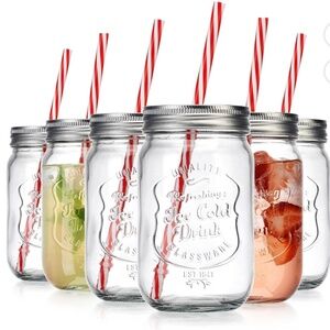 New Box Set 6 Mason Glass Drinking Mug Jars 15 Oz Lids Recycled Striped Straws